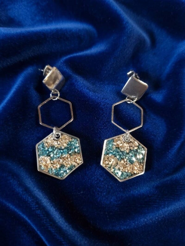 Geometrische Triple-Ohrhänger „Ocean Glow“ – Edelstahl & Türkis-Gold