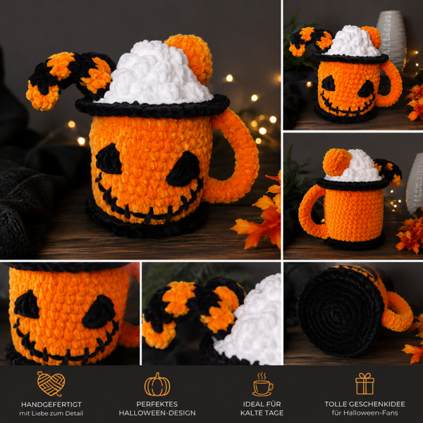🎃 Halloween Kürbis-Tasse (gehäkelt) – Dekoration & Kuschelaccessoire