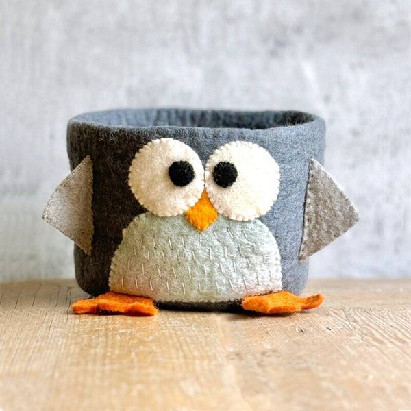 Opbergmandje van vilt - uil- grijs/blauw