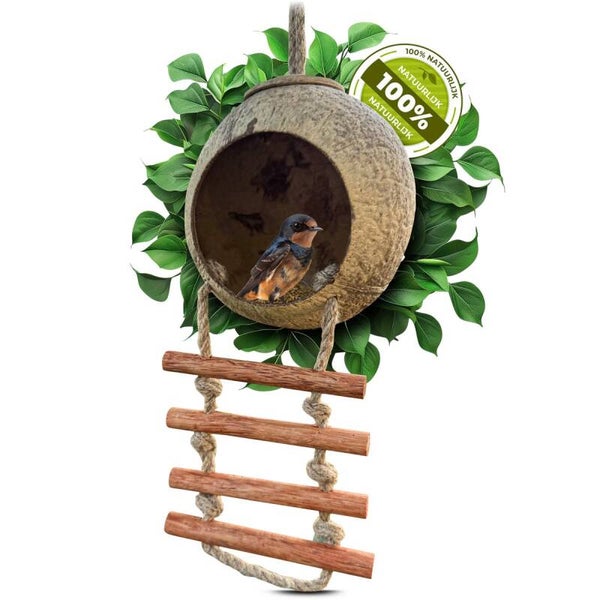Handgemaakt vogelvoederhuisje van gerecyclede kokosnootschalen