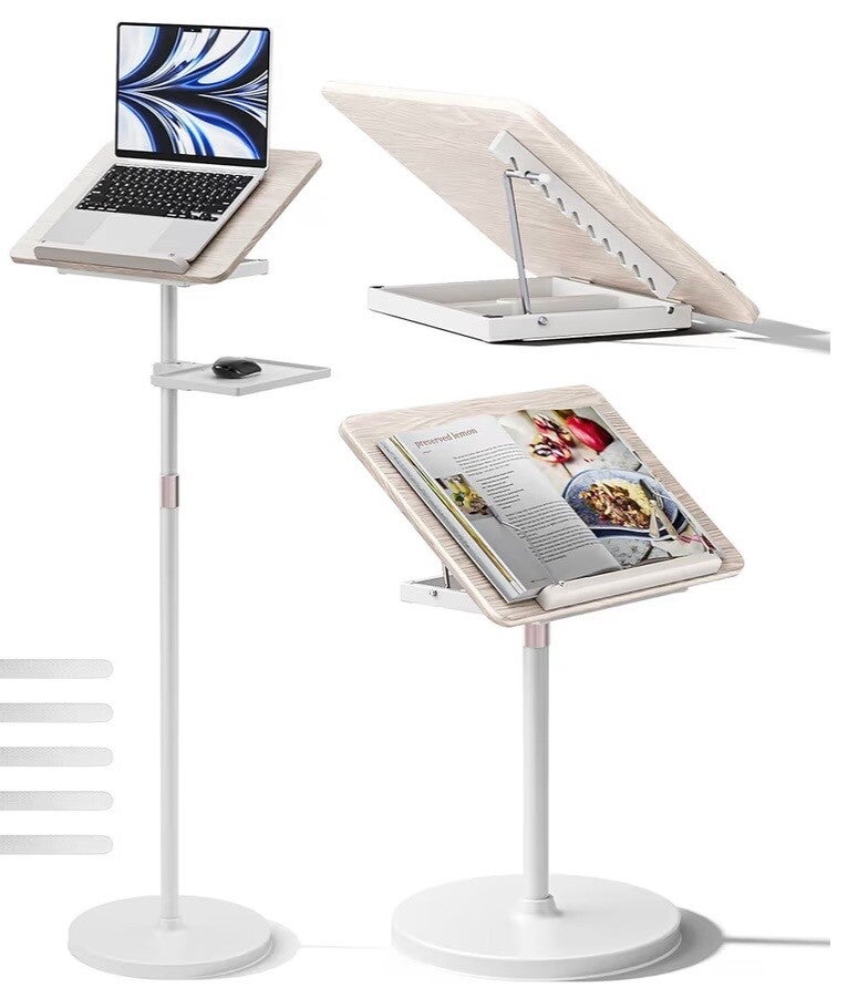 2-in-1 Verstellbarer Buchständer - Dual-Use Boden- und Tisch-Buchhalter, Höhenverstellbar 60 cm bis 132 cm, Elastische Seite Clips für Musikblatt, Rezept, Tablet, Laptop-Weiß