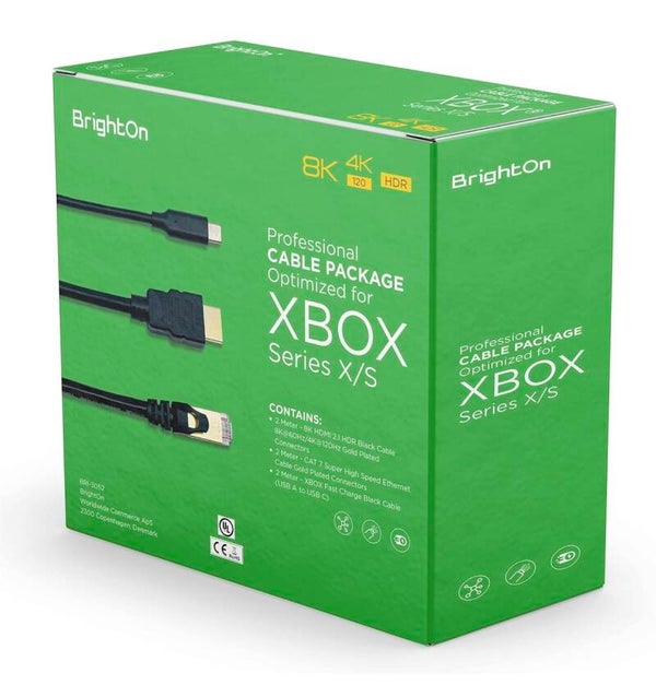 BrightOn - Optimiertes Kabelpaket, kompatibel mit XBOX Series X/S | 8K HDMI 2.1 HDR Schwarz Kabel 8K@60Hz/4K@120Hz | CAT 7 Super-High-Speed-Ethernet-Kabel | Schnellladekabel (USB A auf USB C)