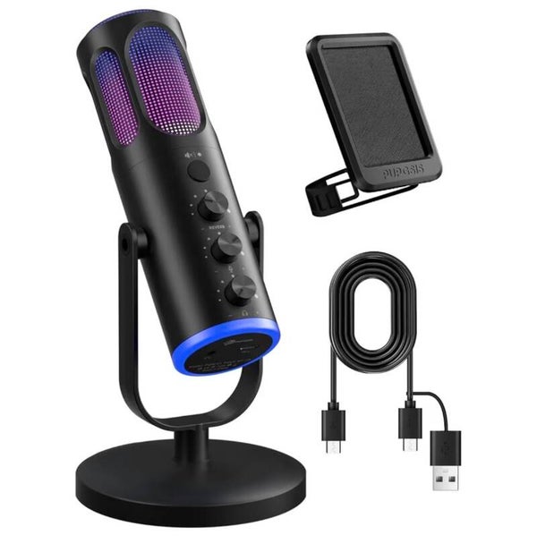 PUPGSIS Gaming Mikrofon für PC, Geräuschunterdrückung, Kondensatormikrofon mit RGB-Lichtern, Stummschaltung, Überwachung, Pop-Filter, Desktop-Mikrofon für Streaming/Podcasting/Aufnahme