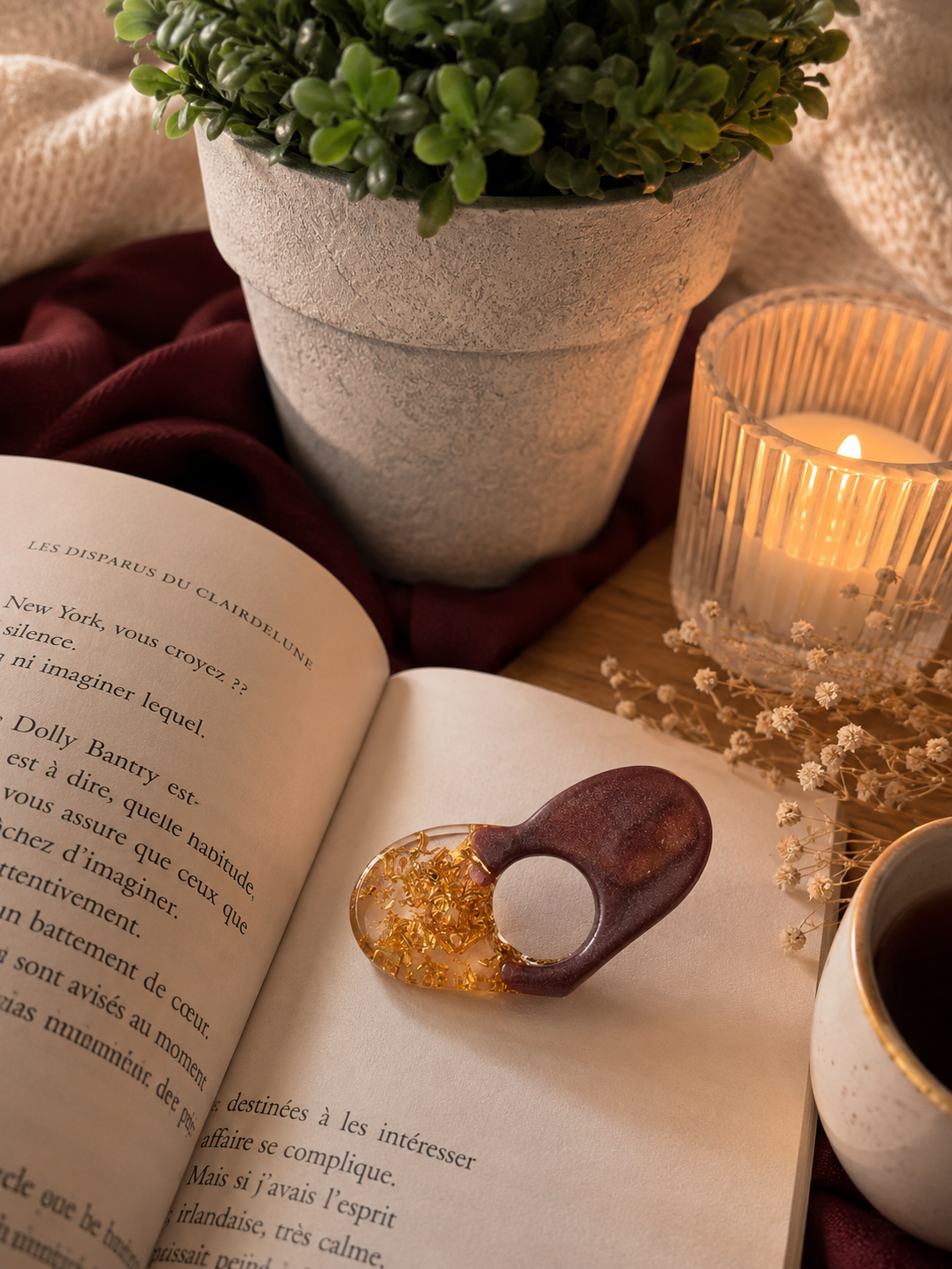 BAGUE DE LECTURE- BORDEAUX FEUILLES OR