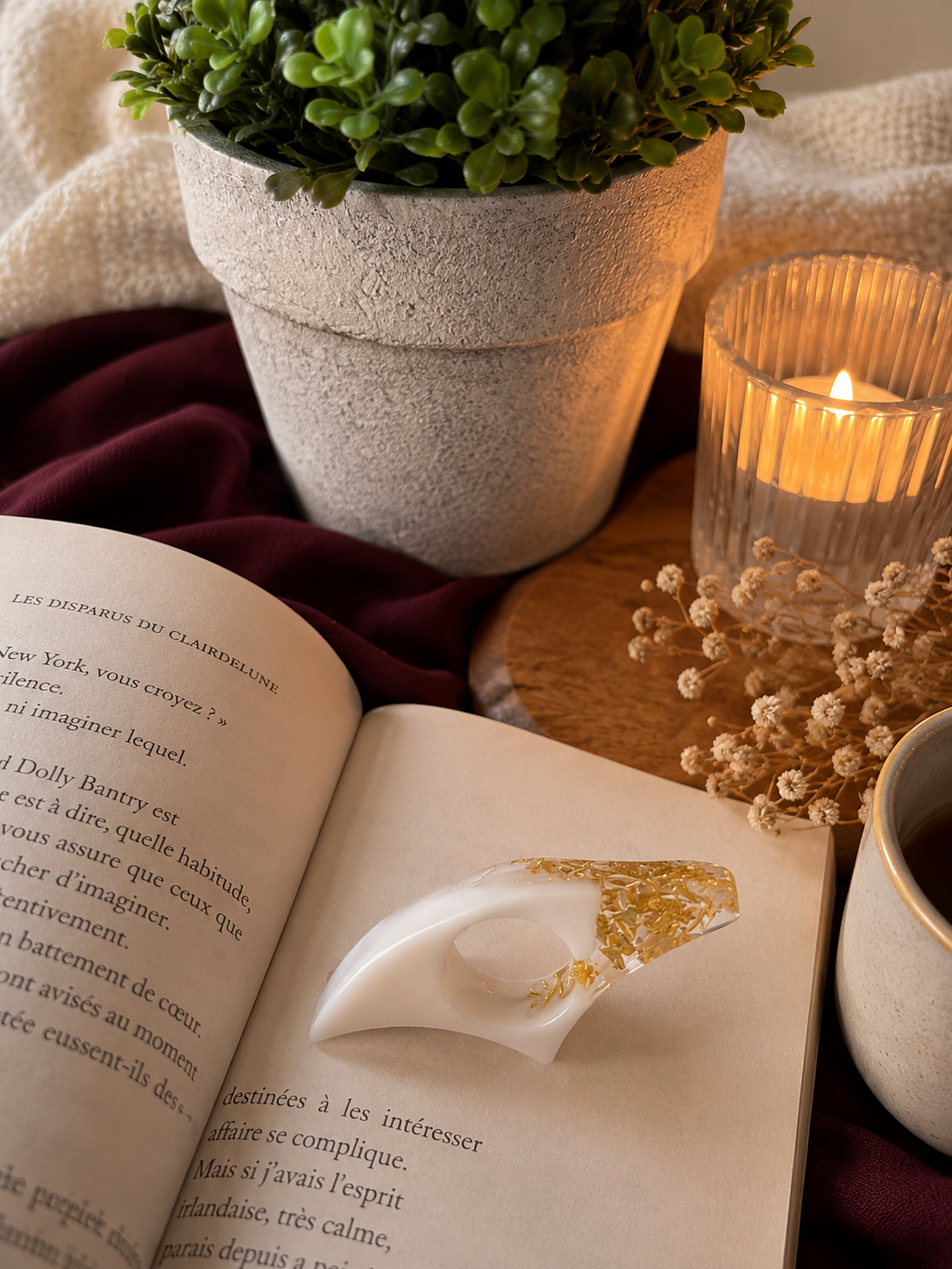 BAGUE DE LECTURE - BLANC FEUILLES OR