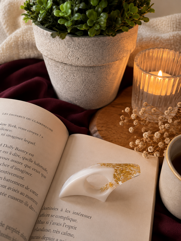 BAGUE DE LECTURE - BLANC FEUILLES OR
