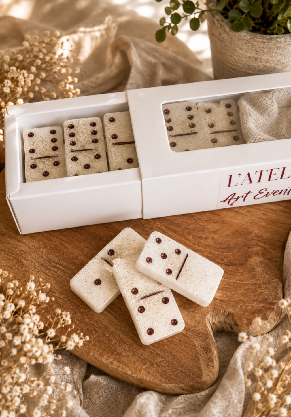Jeu de dominos en résine - Blanc Pailette