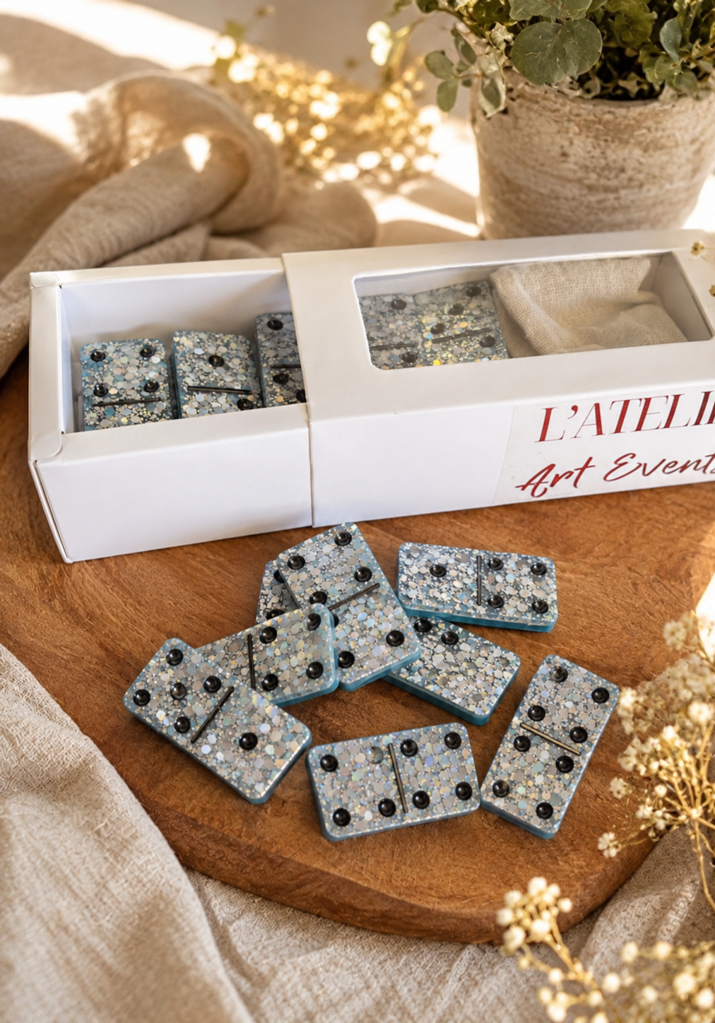 Jeu de Domino en Résine - Bleu Paillette
