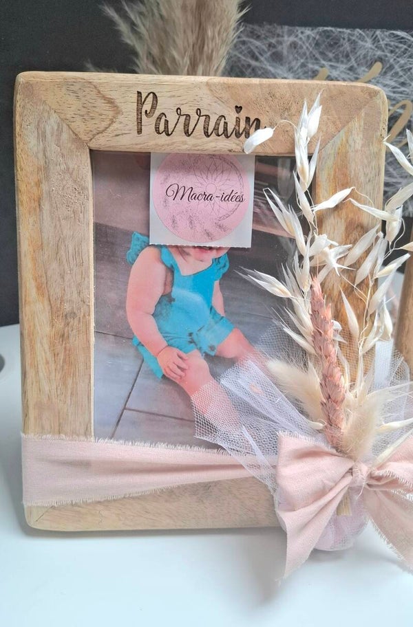 Cadre photo personnalisé Parrain & Marraine – Cadeau de baptême en bois gravé