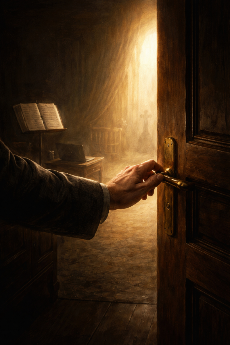 Met de hand op de klink