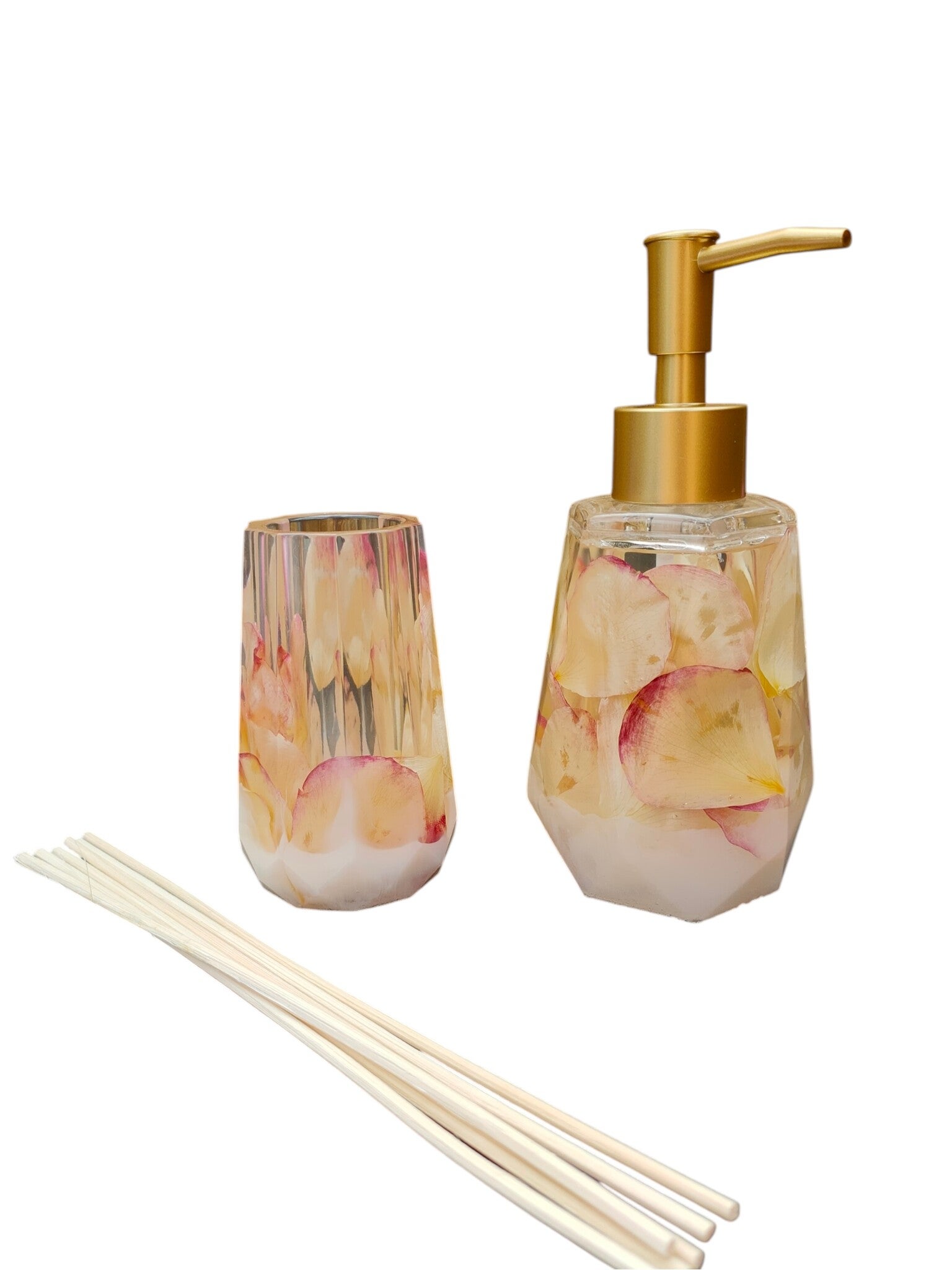 Rozenblaadjes: Handgemaakte Epoxy Badkameraccessoires – Luxe Zeeppompje & Geurstokjeshouder