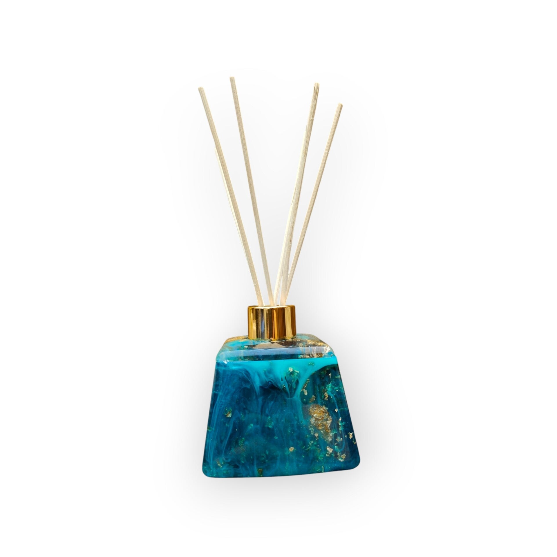Aqua-Turquoise Gold Handgemaakte Epoxy Geurstokjeshouder – Luxe Diffuserhouder voor Geurstokjes & Huisparfum