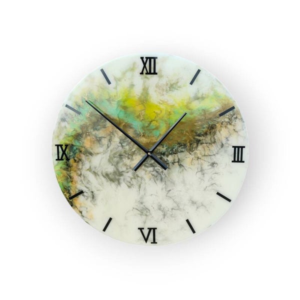 Grote Handgemaakte Epoxy Wandklok 60 cm – Wit, Groen & Goud Marmerlook