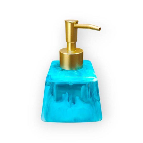 Handgemaakt Turquoise Epoxy Zeeppompje – Luxe Zeepdispenser met Goudkleurige Pomp