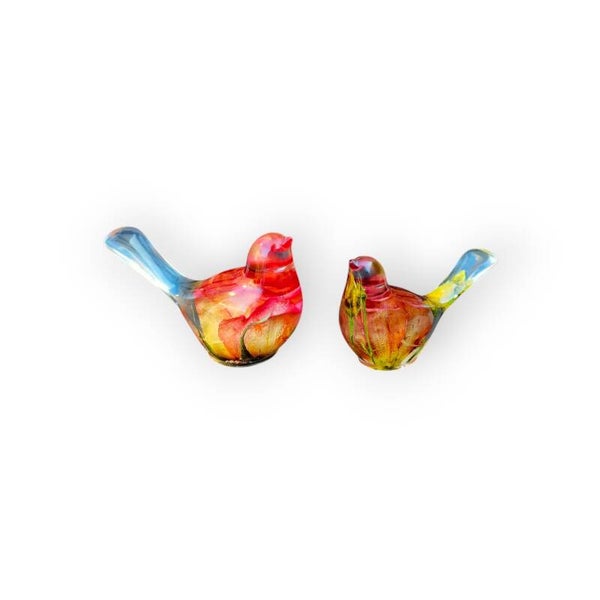 Handgemaakte Epoxy Vogeltjes met Bloemen – Unieke Set van 2