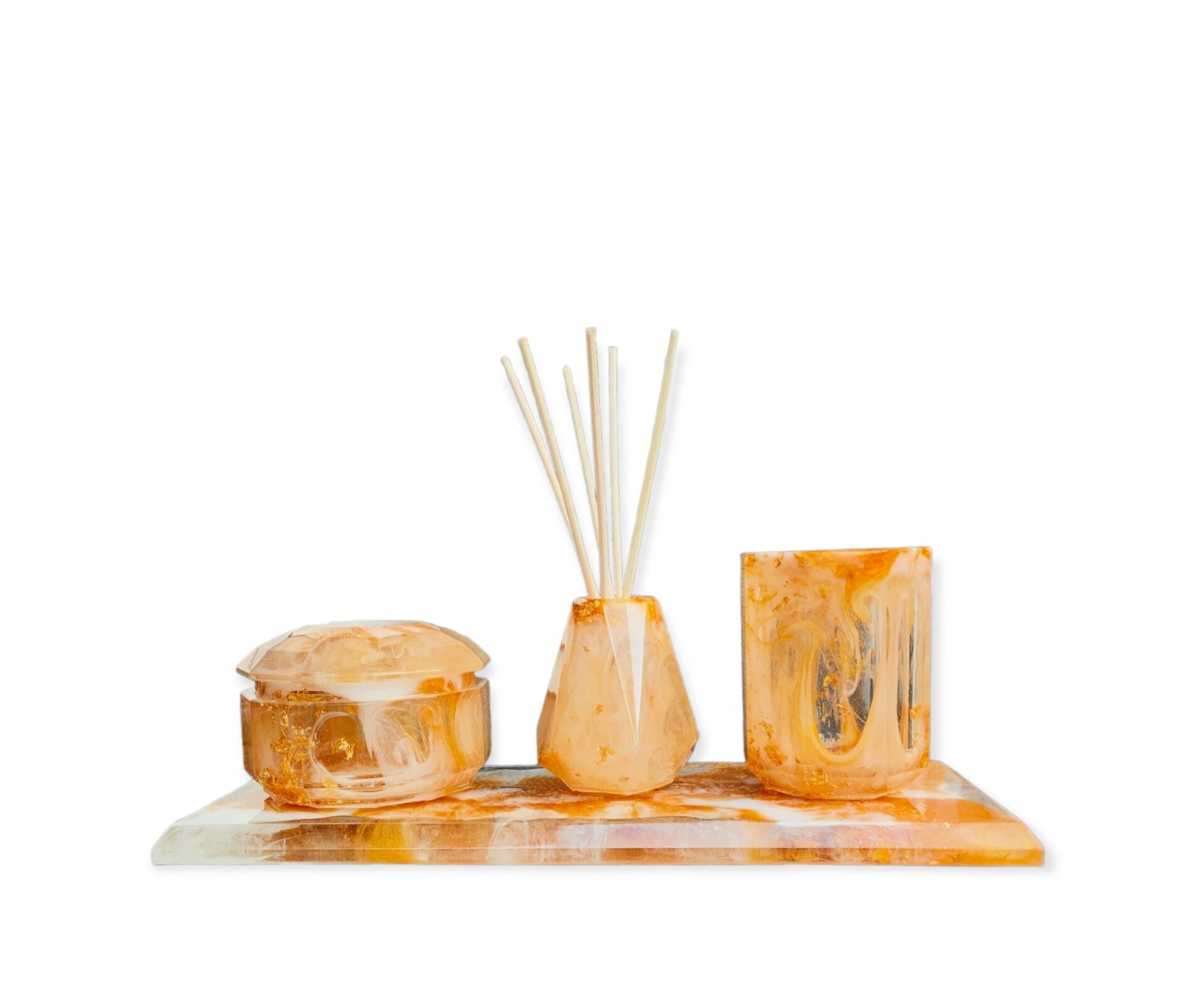 Badkamer set: wattenstaafjes-, wattenschijfjes-, en geurstokjes- houder op een decoratieve plaat