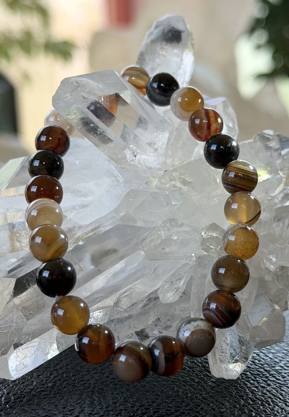 Agaat armband met ronde kralen en elastiek 8,4mm