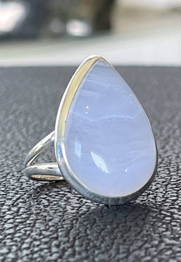 Blue Lace Agaat ring cabochon druppel, maat 19