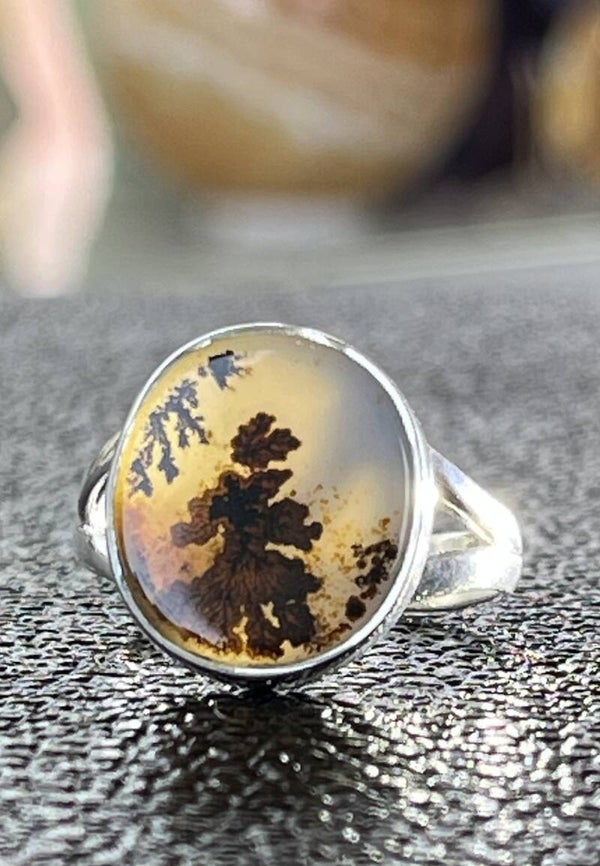 Dendriet Agaat uit Rusland ring cabochon ovaal, maat 19,3