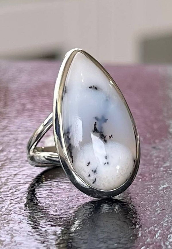 Dendriet Agaat Ring Cabochon druppel, maat 16,9