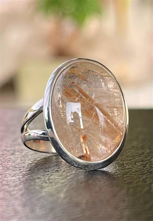 Gouden Rutielkwarts ring cabochon ovaal, maat 18,1