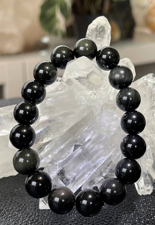 Goud Obsidiaan armband met ronde kralen en elastiek 12,4mm