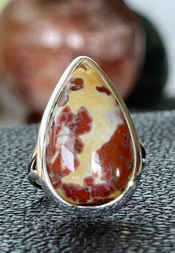 Crazy Lace Agaat ring cabochon druppel, maat 18,5