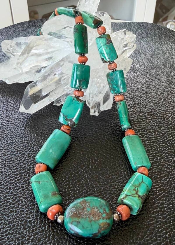 Turkoois en koraal uit Tibet ketting cabochon