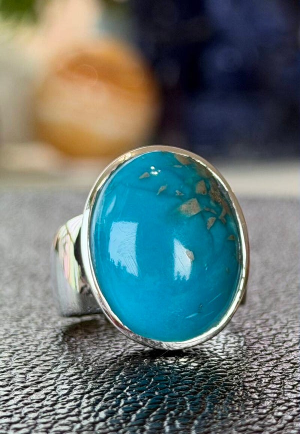 Turkoois met koper ring cabochon ovaal, maat 21