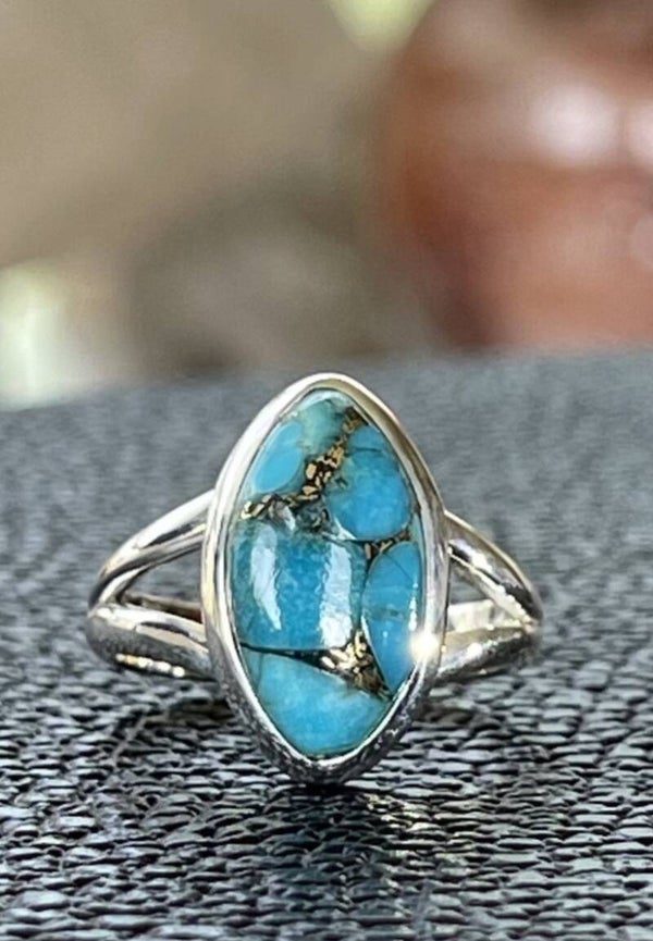 Koper Turkoois ring cabochon marquise vorm, maat 16,6