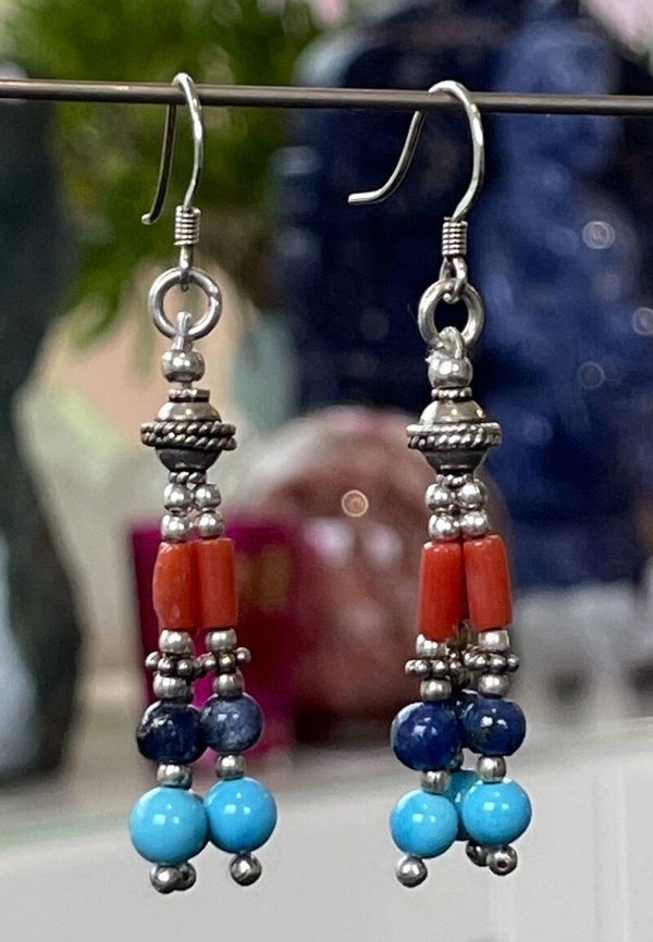 Koraal, Lapis Lazuli en Turkoois oorbellen cabochon, lang