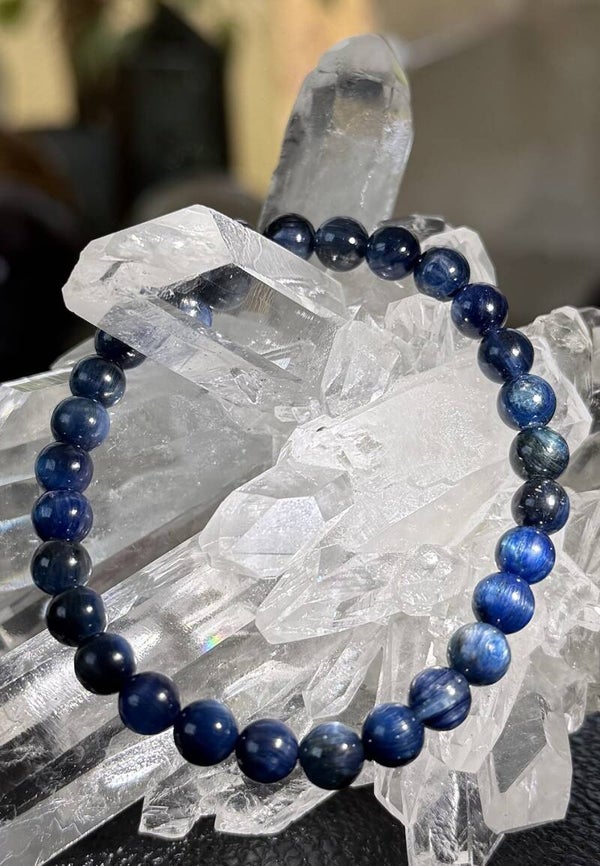Kyaniet armband met ronde kralen en elastiek 6,4mm