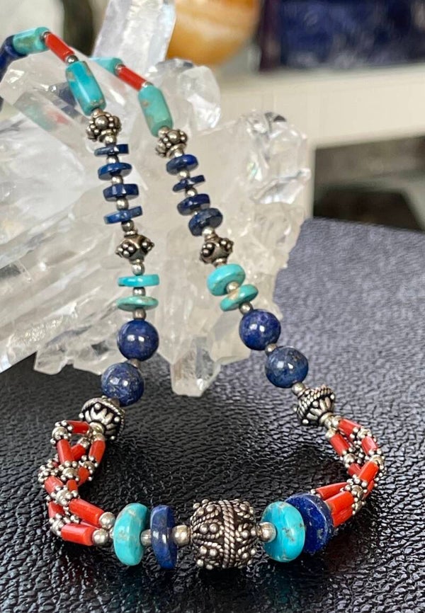 Lapis Lazuli met Koraal en Turkoois ketting cabochon