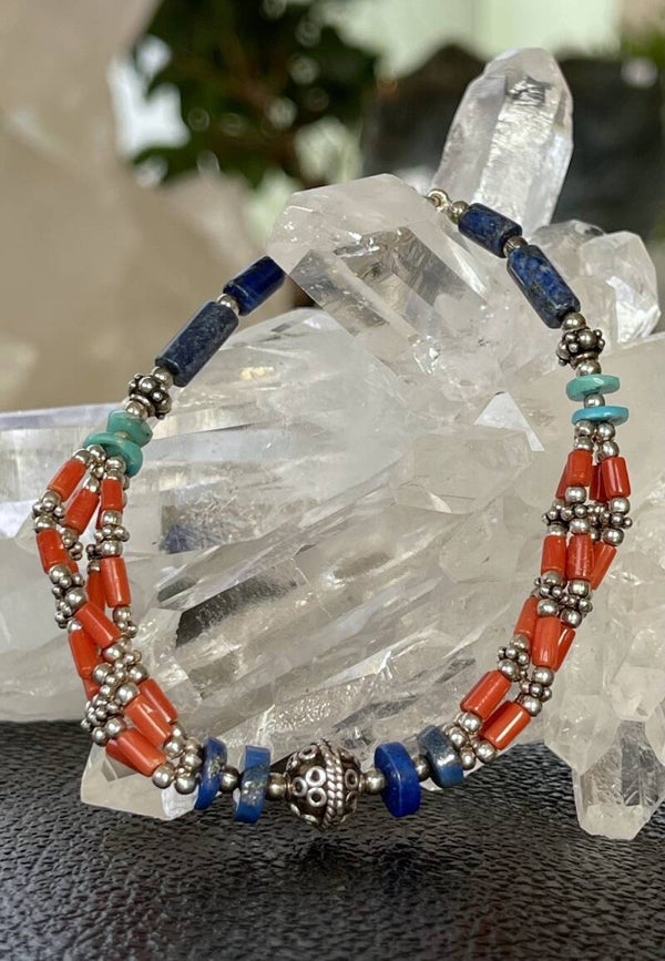 Lapis Lazuli met Koraal en Turkoois armband met cabochon kralen 9,1mm