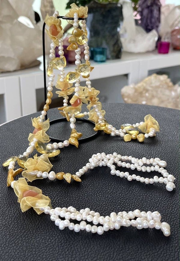 Parel lange ketting met Parelmoer en glas