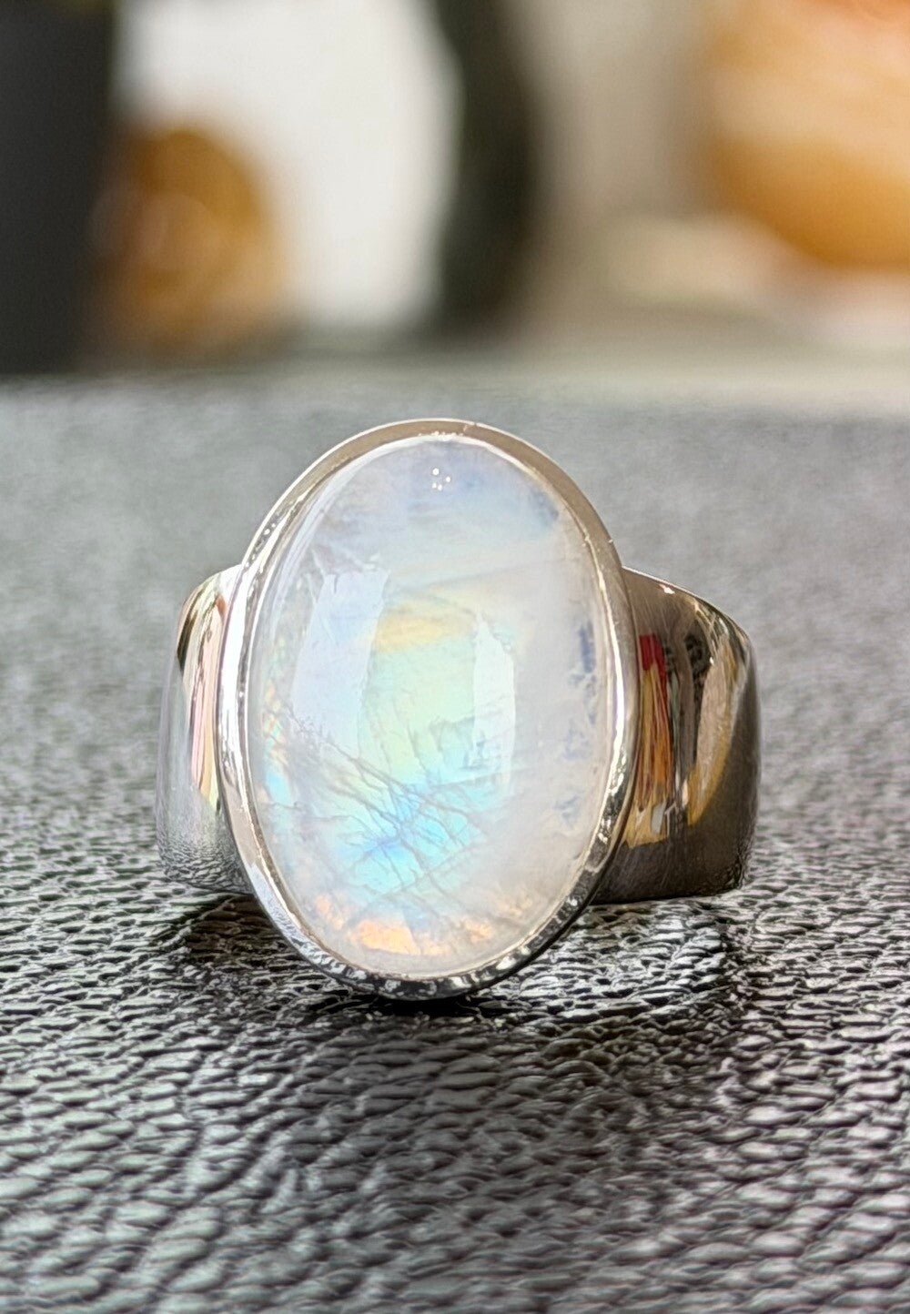 Regenboog Maansteen ring cabochon ovaal, maat 20,9