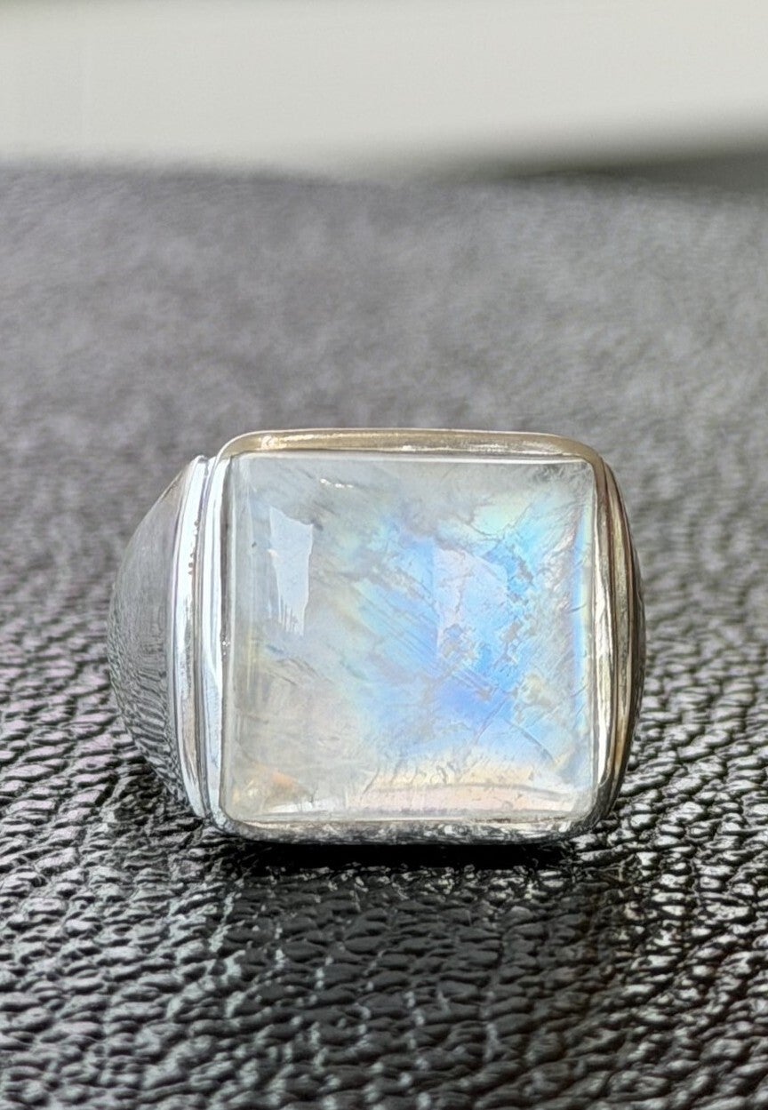 Regenboog Maansteen ring cabochon rechthoek, maat 22