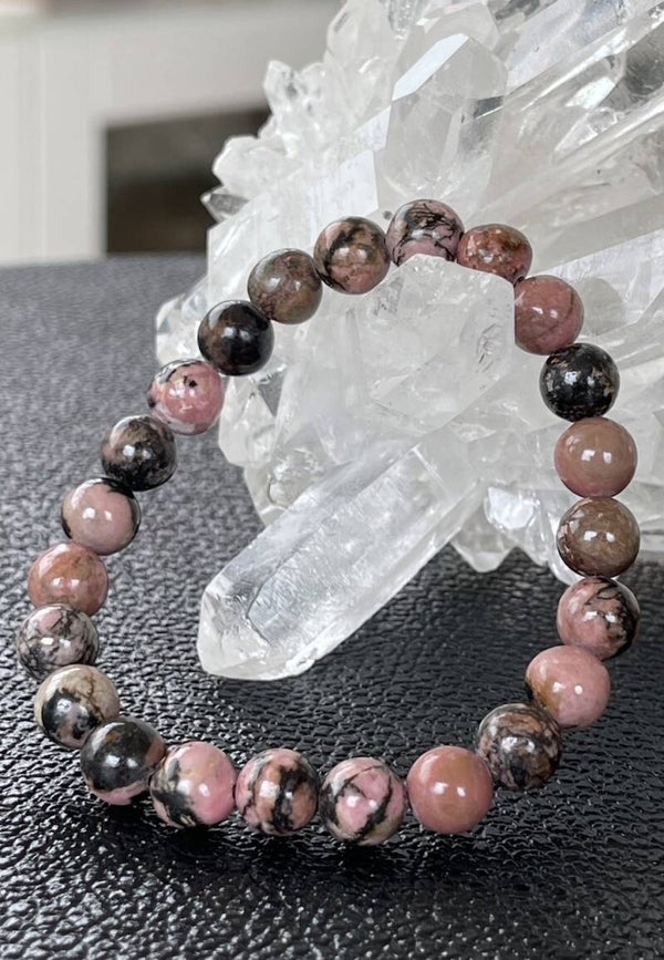 Rhodoniet armband met ronde kralen en elastiek 8,5mm