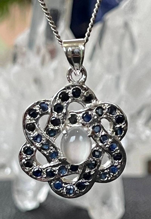 Saffier facet geslepen en cabochon Maansteen hanger rond medium