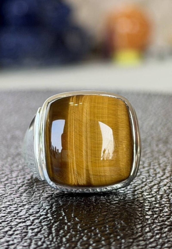 Tijgeroog ring cabochon rechthoek, maat 24