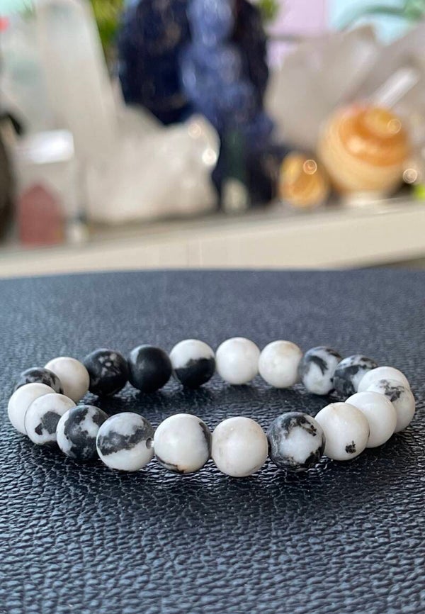 Zebra Jaspis armband met ronde kralen en elastiek 1cm
