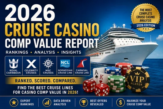 2026 Cruise Casino Comp Value Report ranking the best cruise lines for casino comps, including Royal Caribbean, Celebrity Cruises, MSC Cruises, Norwegian Cruise Line, and Carnival Cruise Line.