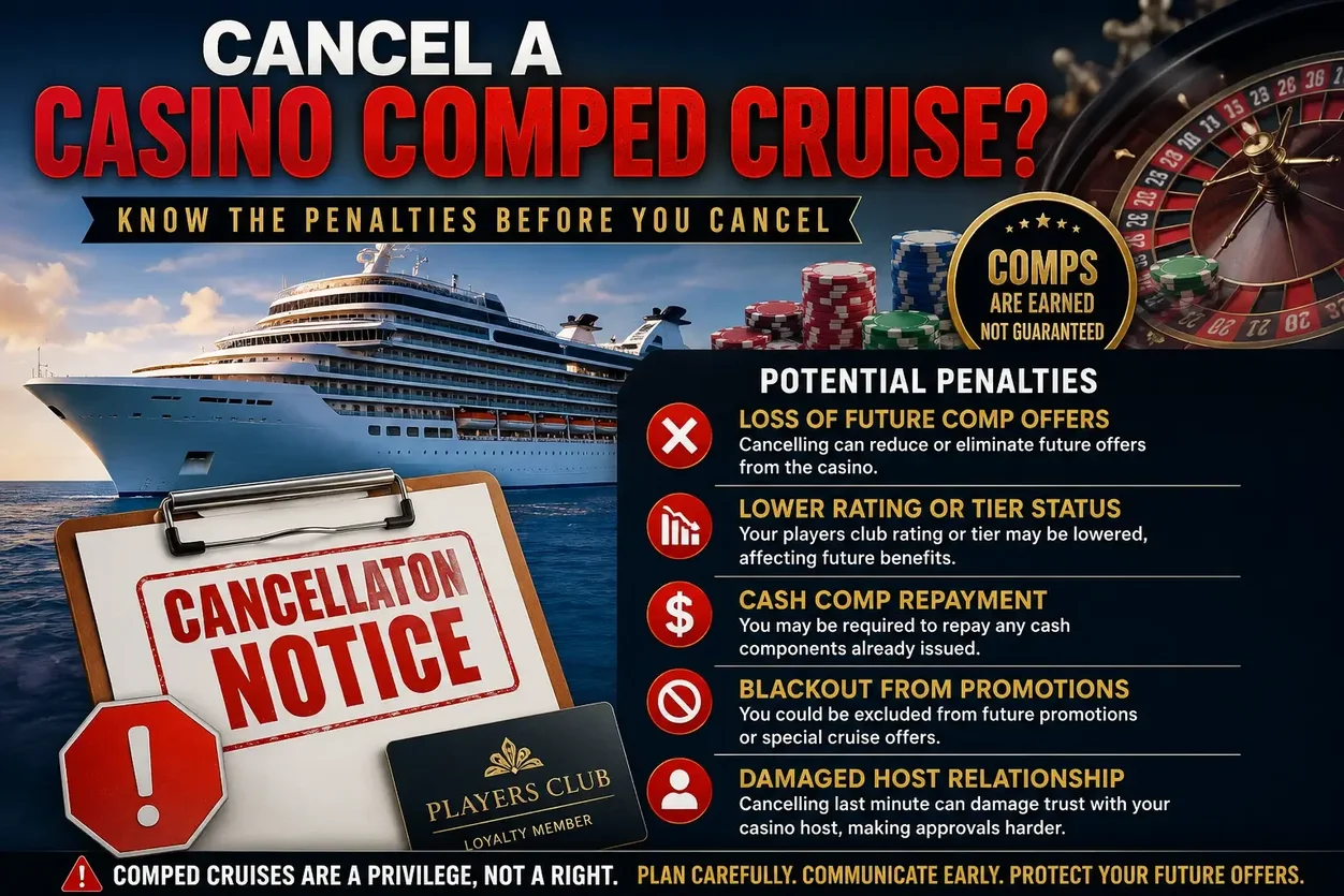 Cruise fine print graphic showing cancellation penalties for comped casino cruises