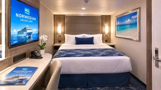 Stylized cruise cabin upgrade concept showing a Norwegian Cruise Line casino certificate and the possibility of moving from an inside cabin to a higher stateroom category.