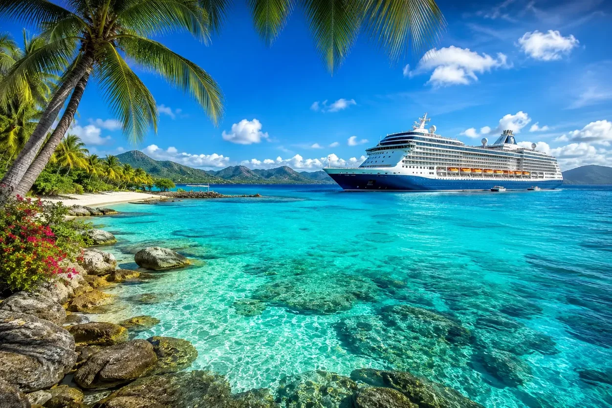 Luxury cruise ship sailing in clear Caribbean waters representing comped casino cruise opportunities for qualified casino players