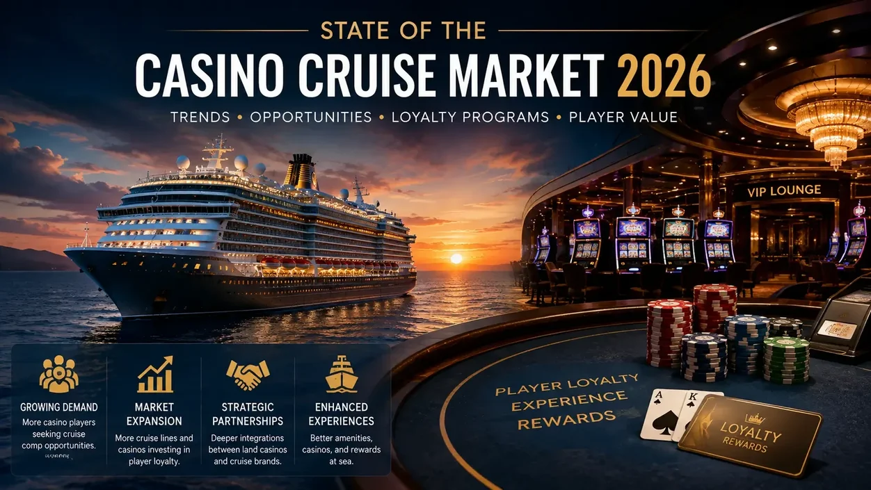 State of the casino cruise market in 2026 featuring a luxury cruise ship, casino gaming floor, loyalty rewards and casino cruise comp opportunities