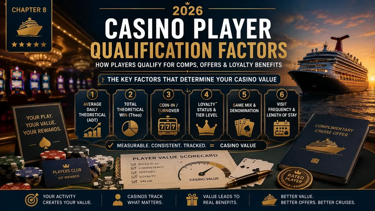 Casino cruise qualification factors including current casino offers, rated play, loyalty status, player history and direct cruise casino activity