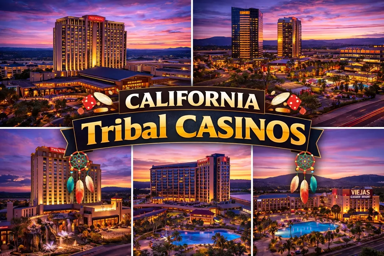 Collage of California tribal casinos showing gaming floors, resort exteriors, and entertainment venues
