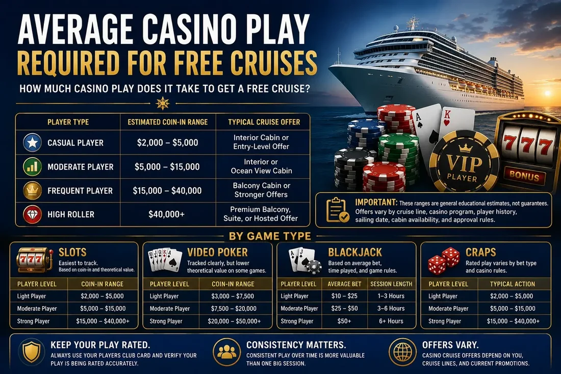 Average casino play required for comped casino cruises by player level and game type
