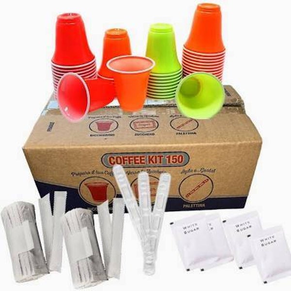 Kit Accessori 150 Plastica - Bustine di Zucchero, Bicchierini di Plastica e Palettine